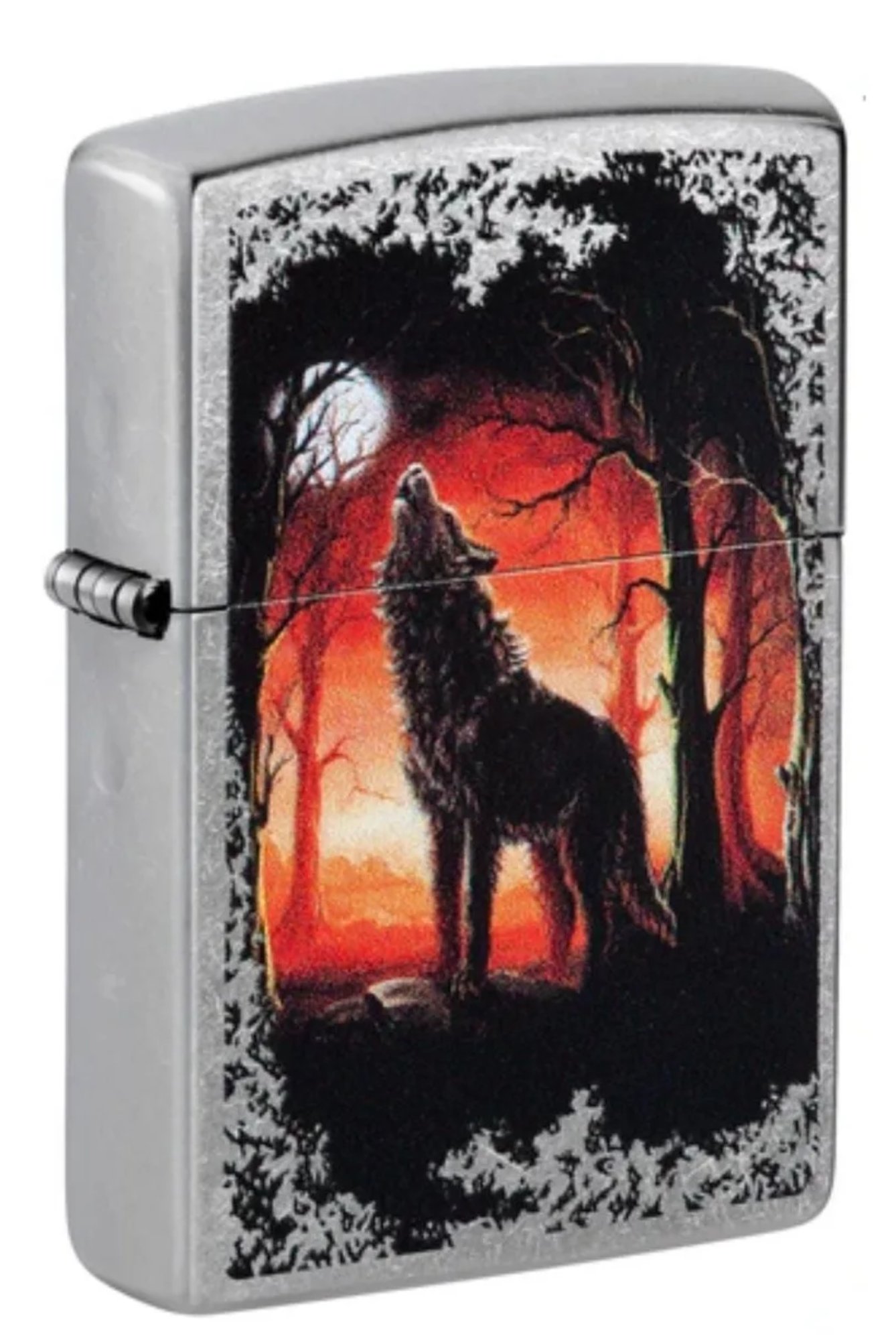 Wolf Pack and Moon Emblem Brushed Chrome Windproof Lighter