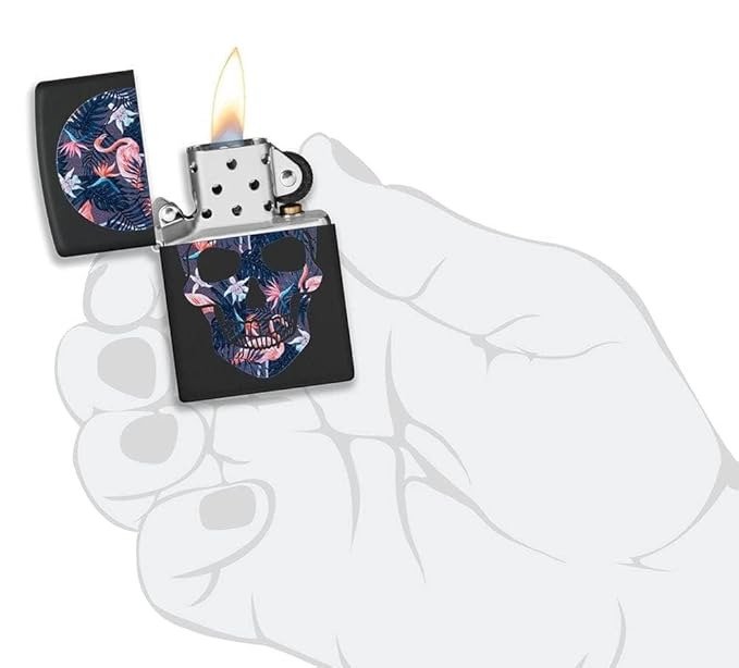 Flamingo Skull Design Black Matte Windproof Lighter