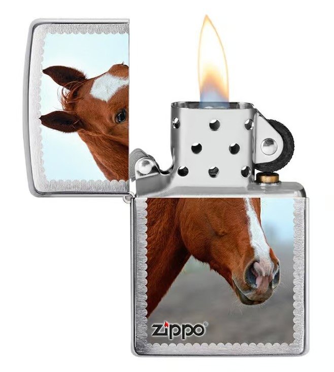 Sunset Stallion Design Brushed Chrome Windproof Lighter
