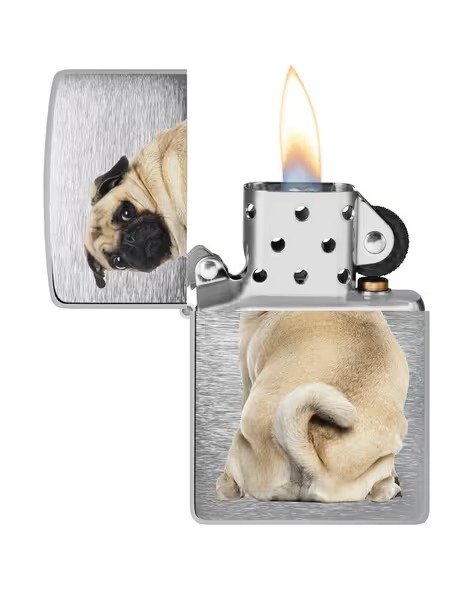 Pug Design Brushed Chrome Windproof Lighter
