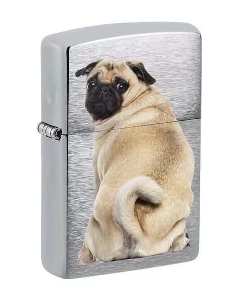 Pug Design Brushed Chrome Windproof Lighter