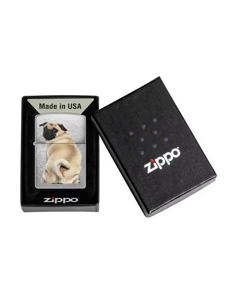 Pug Design Brushed Chrome Windproof Lighter