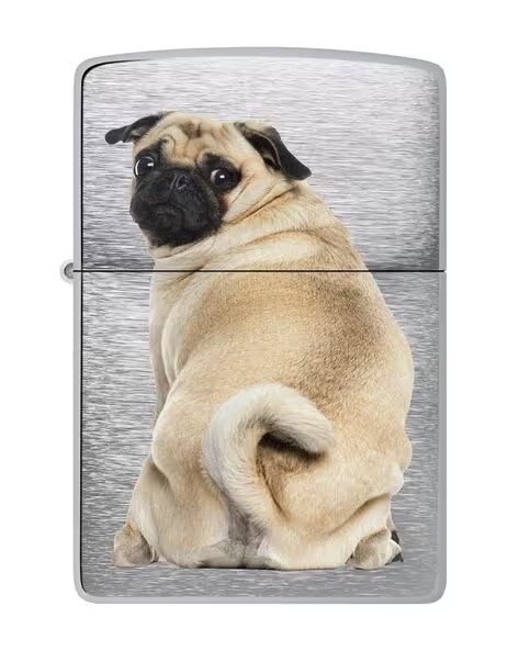 Pug Design Brushed Chrome Windproof Lighter