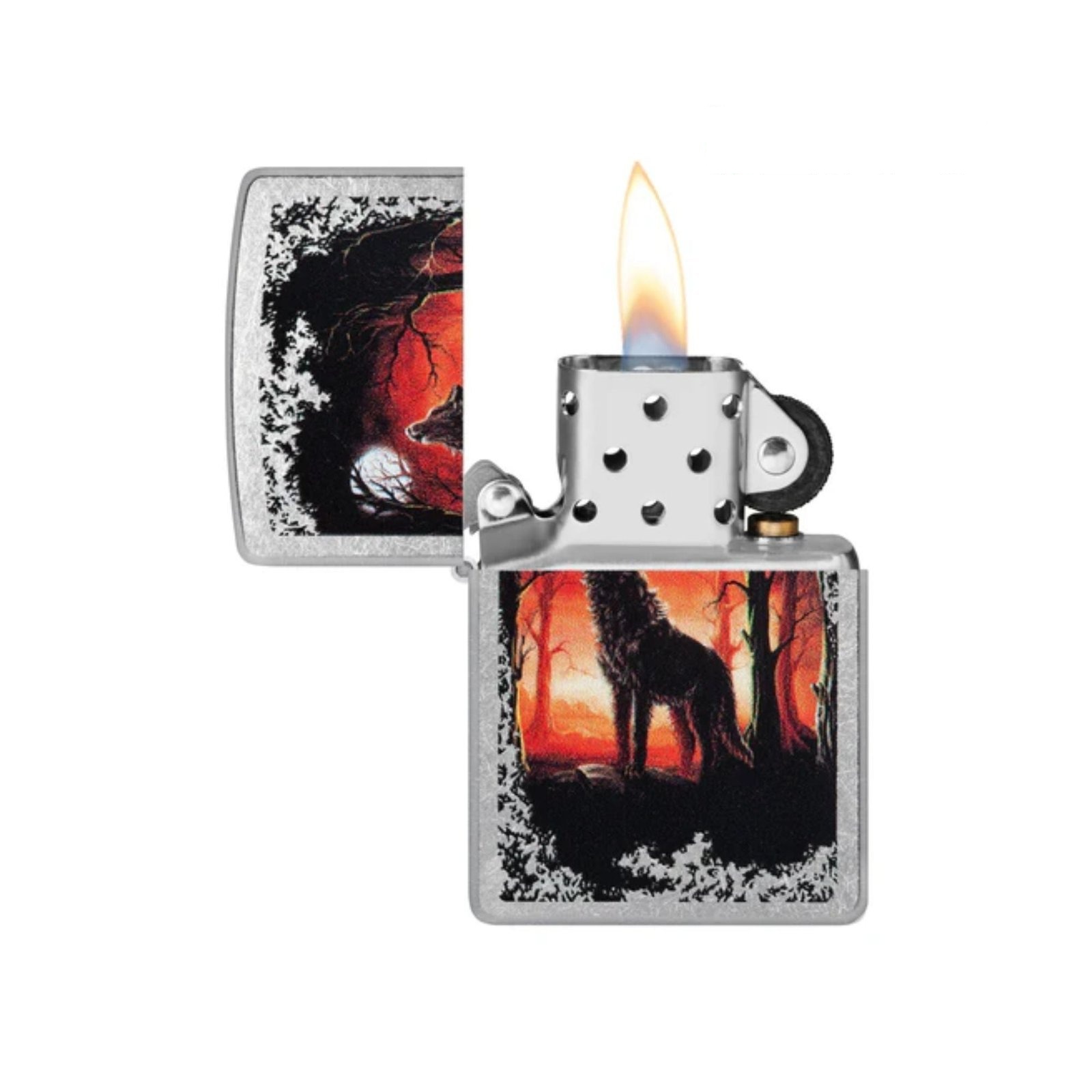 Wolf Pack and Moon Emblem Brushed Chrome Windproof Lighter