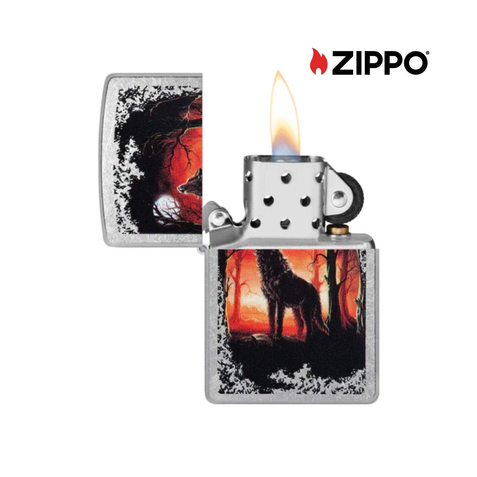 Wolf Pack and Moon Emblem Brushed Chrome Windproof Lighter