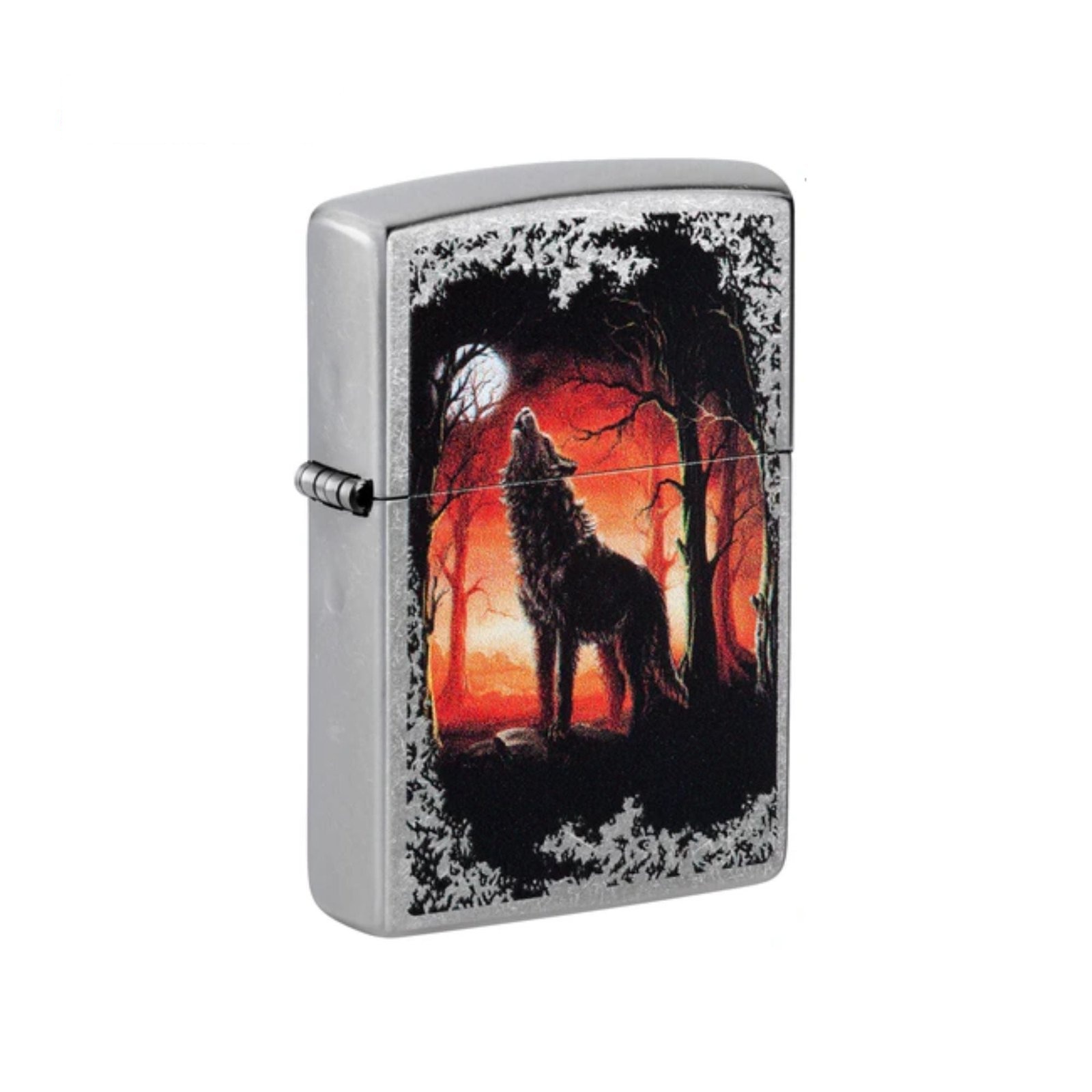 Wolf Pack and Moon Emblem Brushed Chrome Windproof Lighter