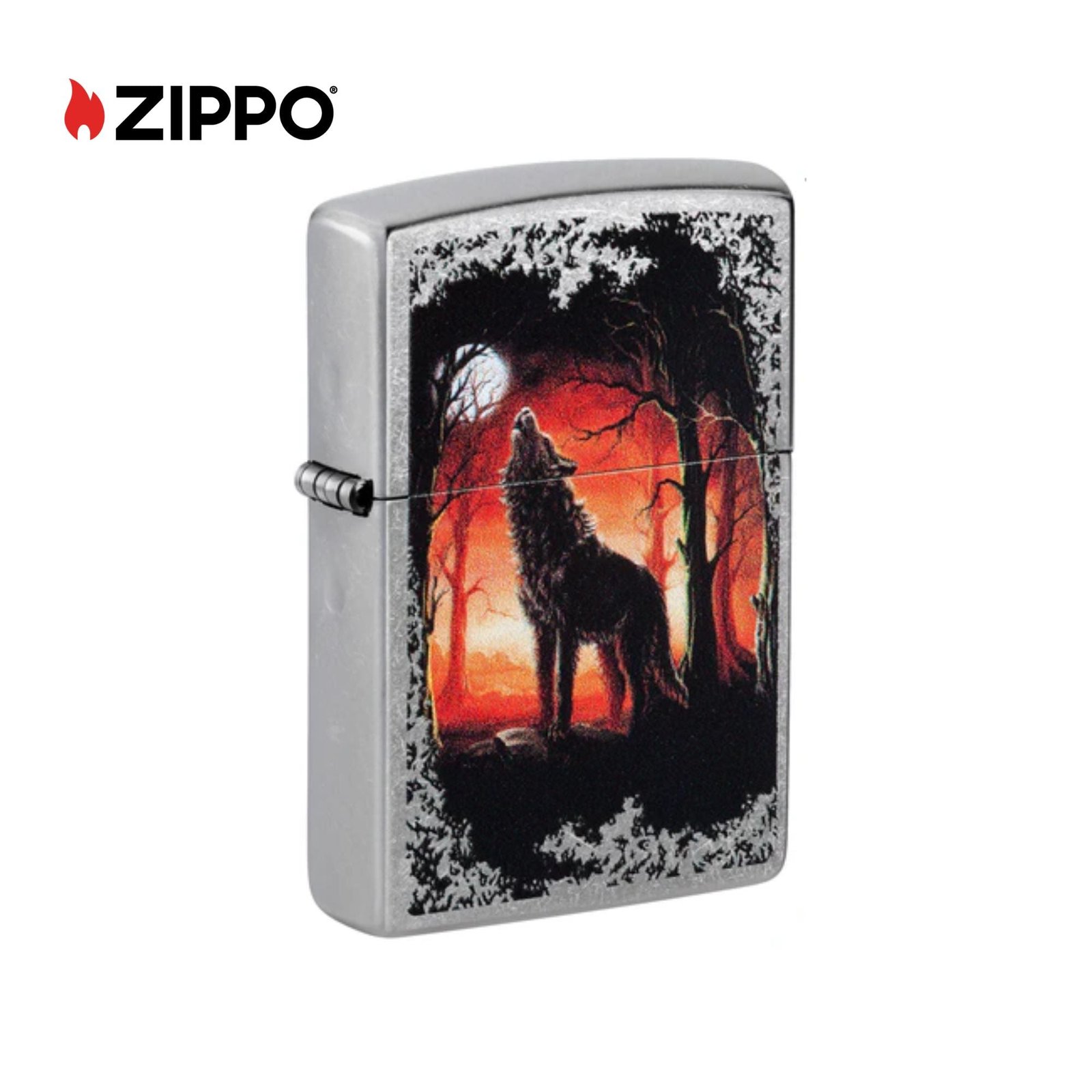 Wolf Pack and Moon Emblem Brushed Chrome Windproof Lighter
