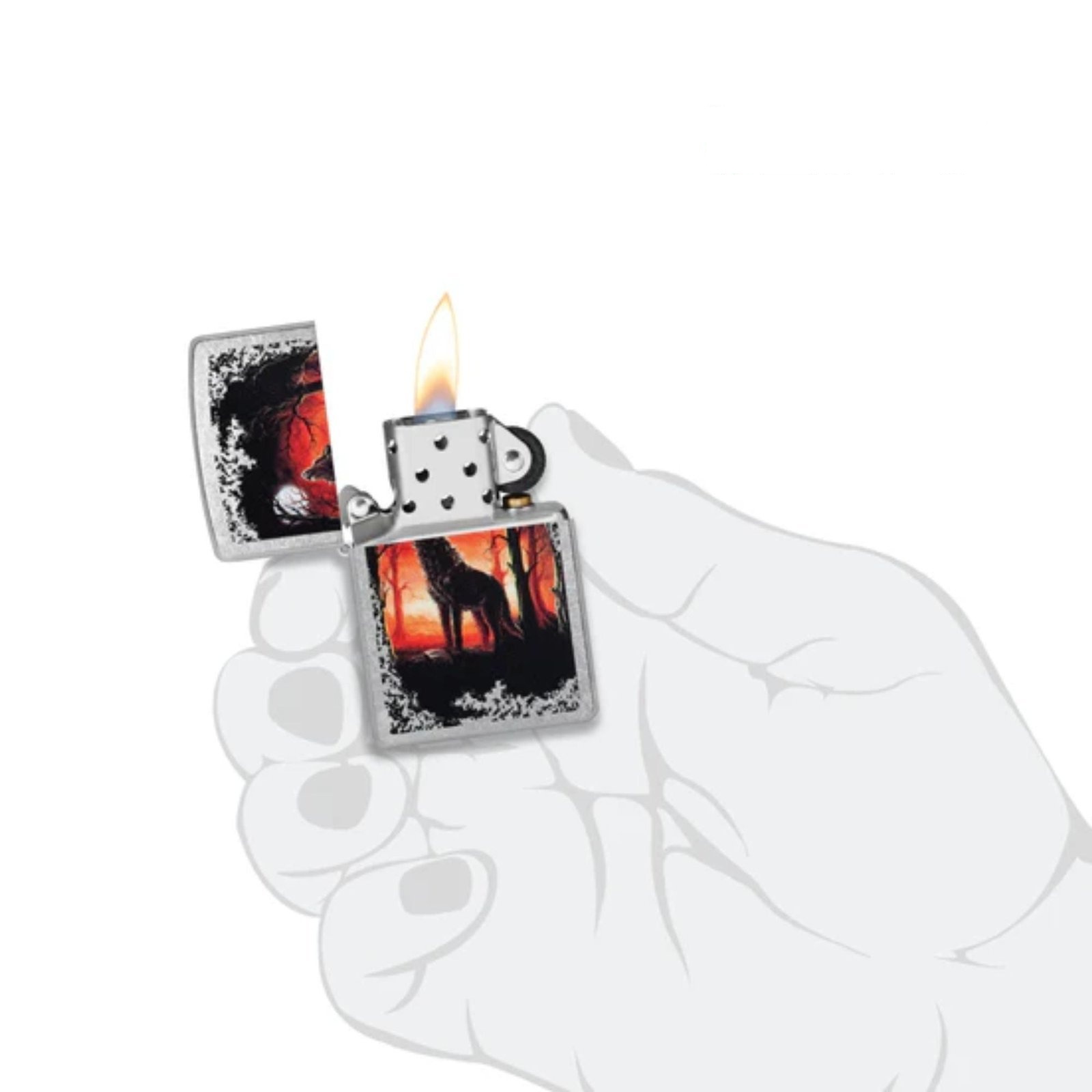 Wolf Pack and Moon Emblem Brushed Chrome Windproof Lighter