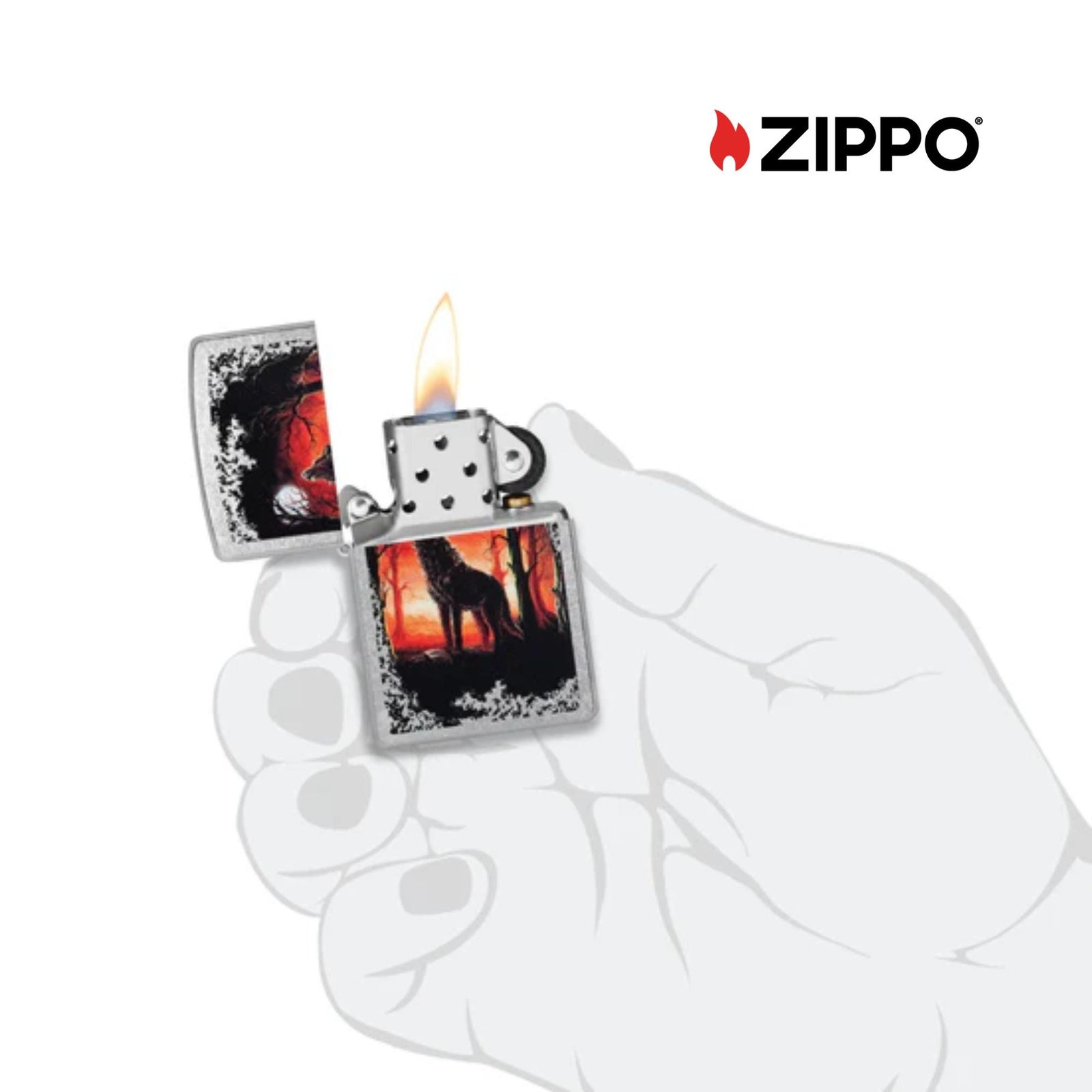Wolf Pack and Moon Emblem Brushed Chrome Windproof Lighter