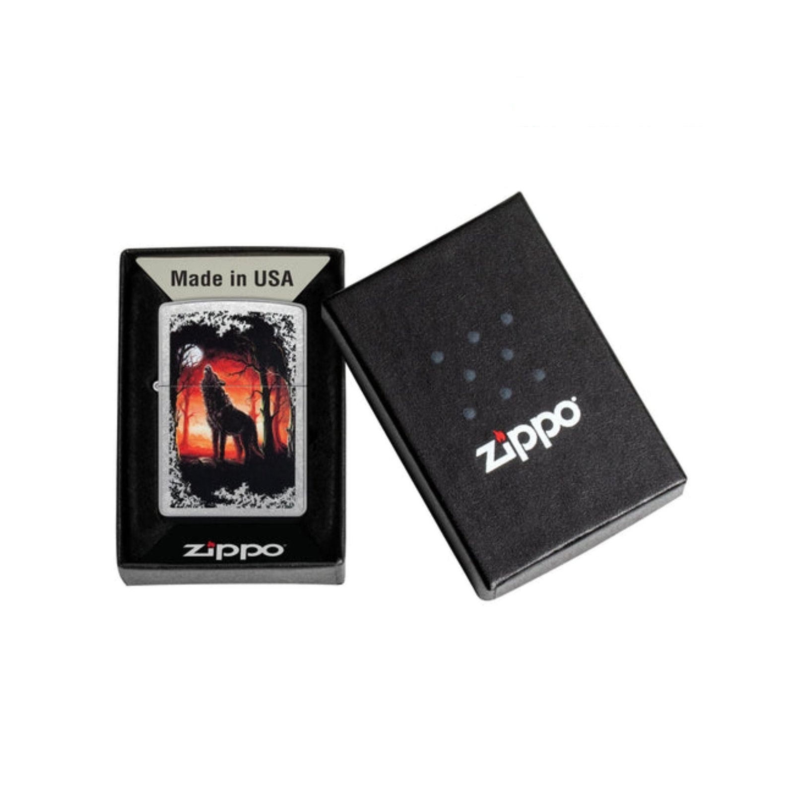 Wolf Pack and Moon Emblem Brushed Chrome Windproof Lighter