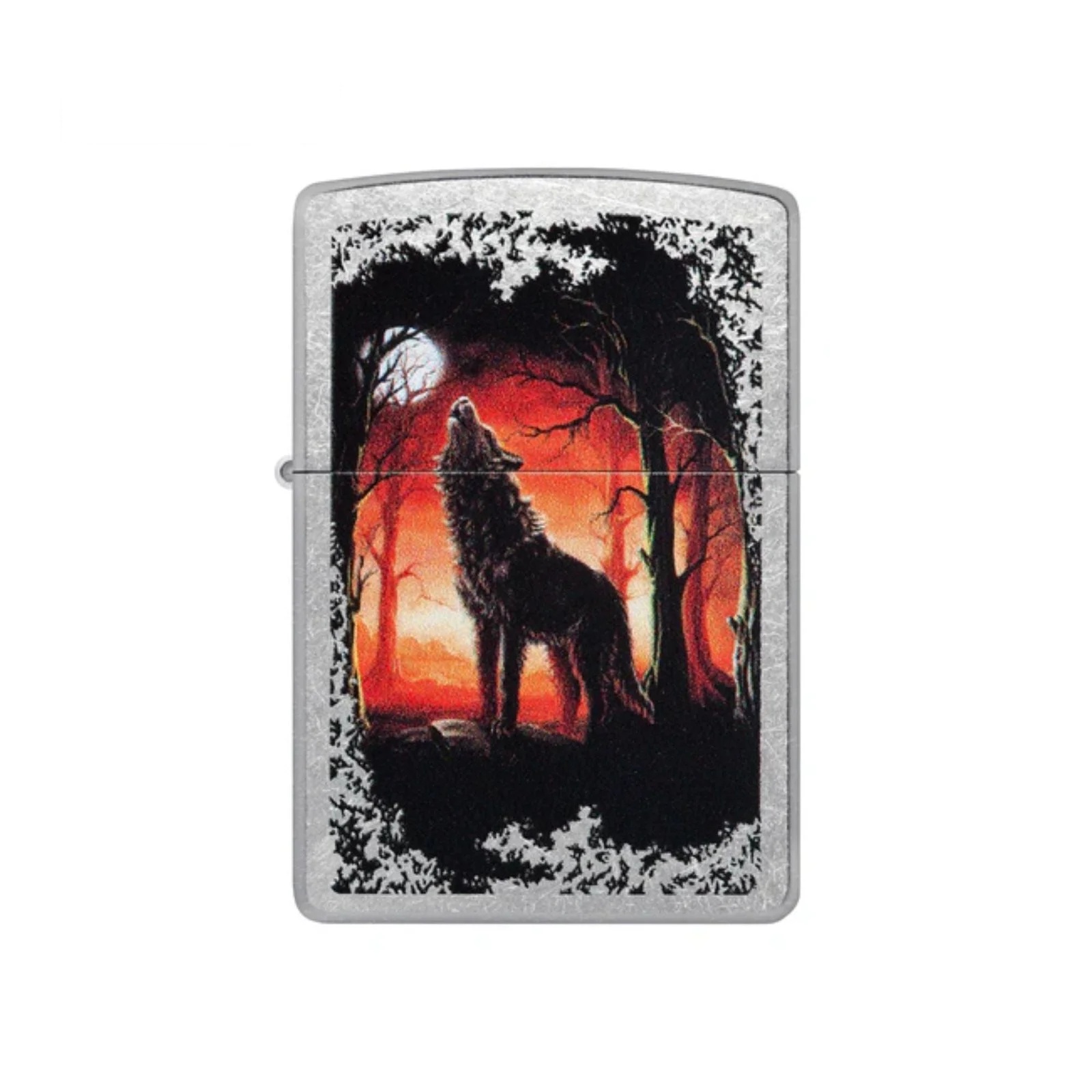 Wolf Pack and Moon Emblem Brushed Chrome Windproof Lighter