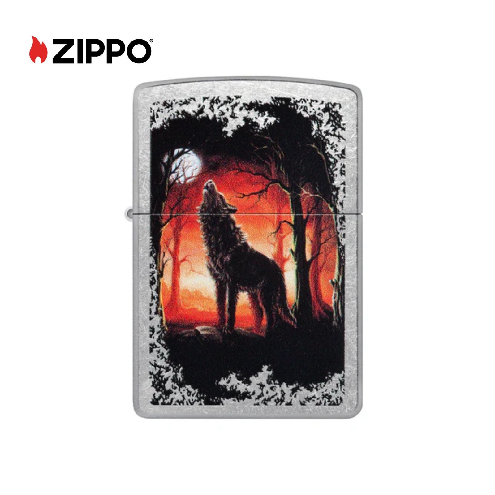 Wolf Pack and Moon Emblem Brushed Chrome Windproof Lighter