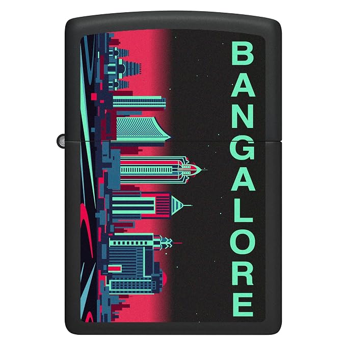 Bangalore Skyline Design Black Matte Windproof Pocket Lighter