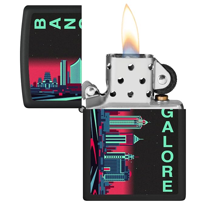 Bangalore Skyline Design Black Matte Windproof Pocket Lighter