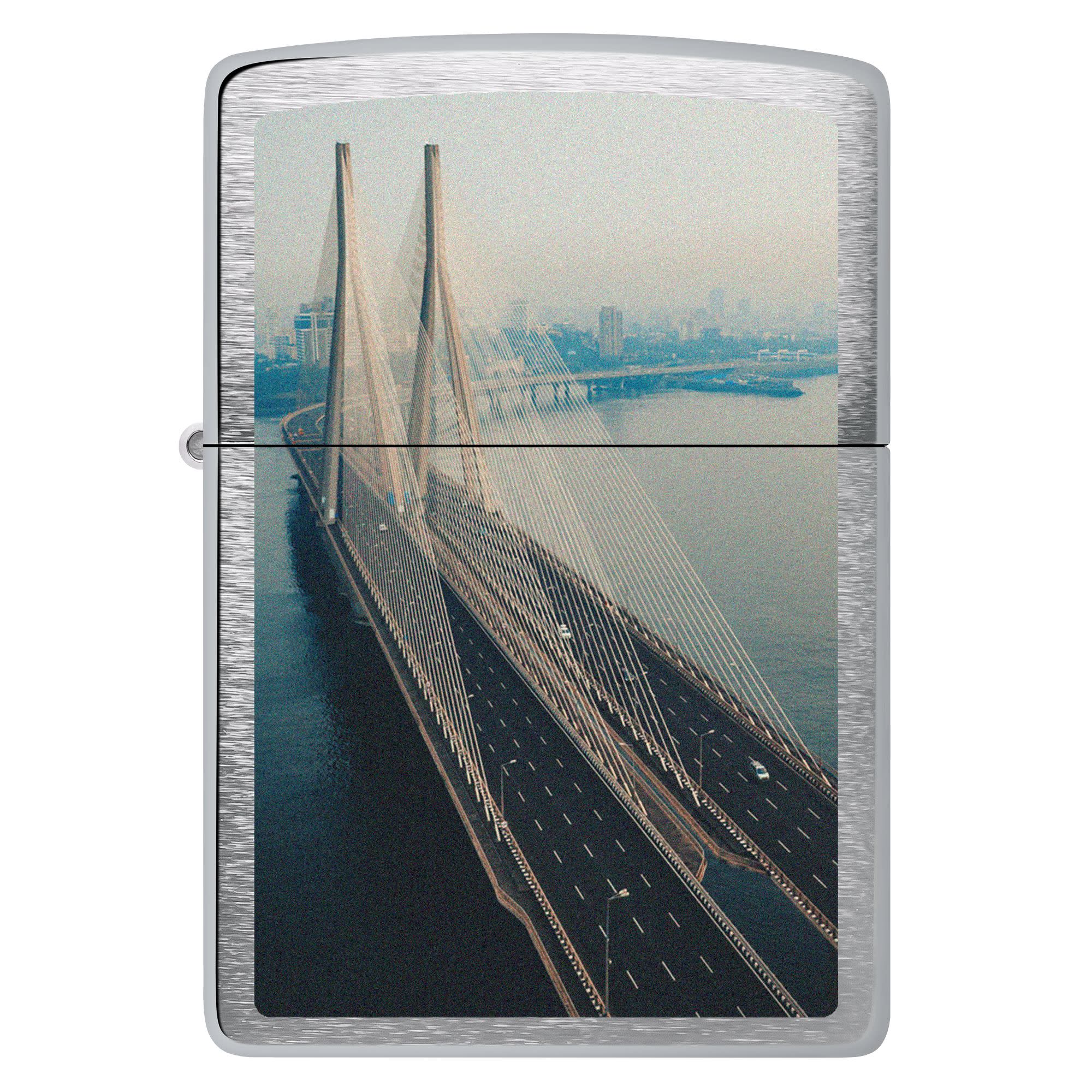 Mumbai Bridge Design Brushed Chrome Windproof Lighter