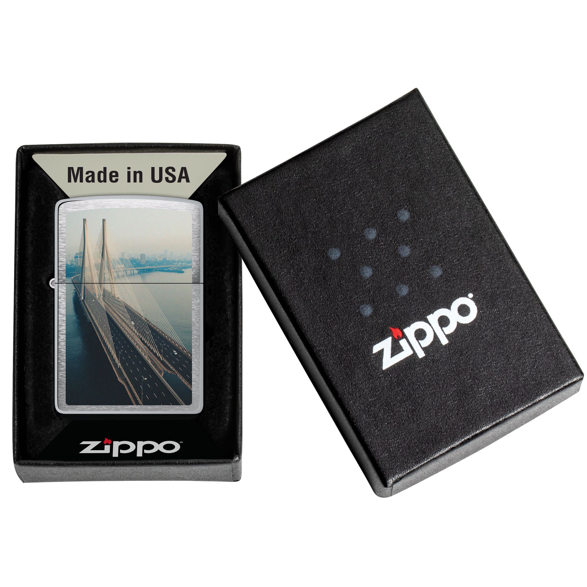 Mumbai Bridge Design Brushed Chrome Windproof Lighter