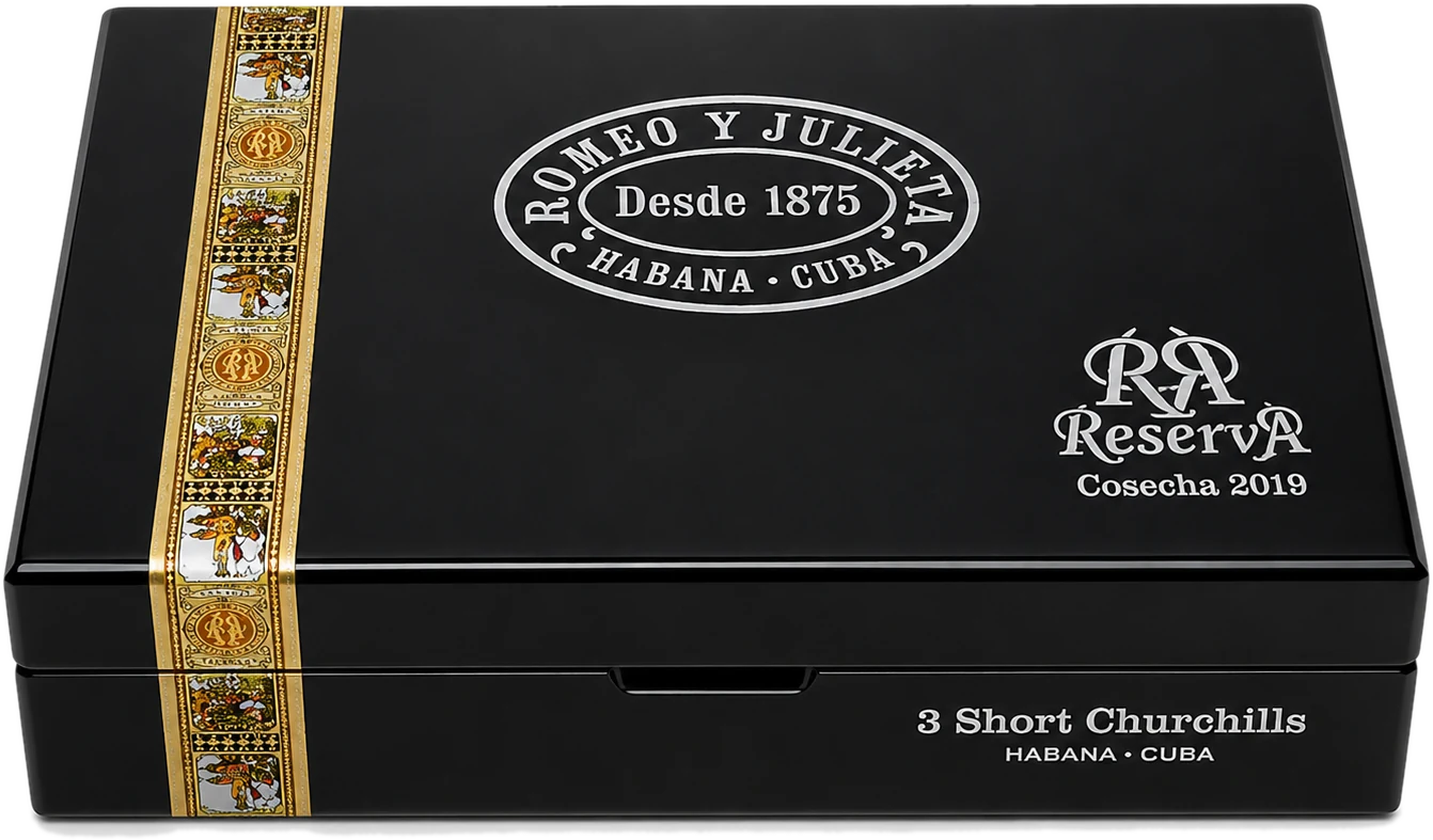 The closed black Romeo y Julieta Short Churchills Reserva Cosecha 2019 box