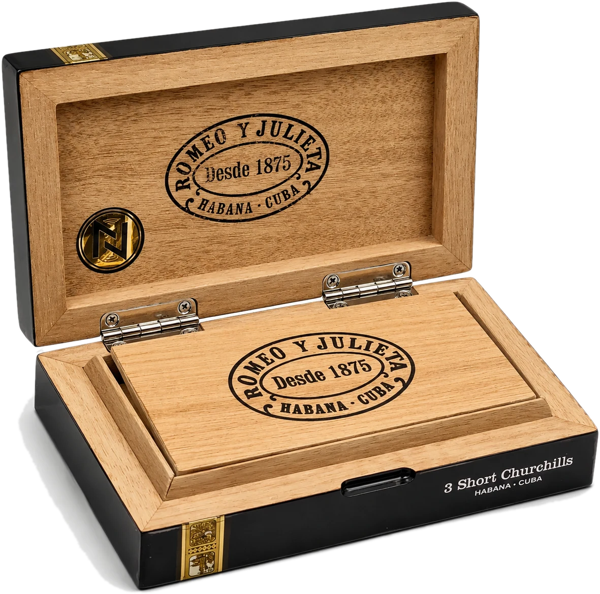 The Reserva gift box open from another angle, showing the wooden tray